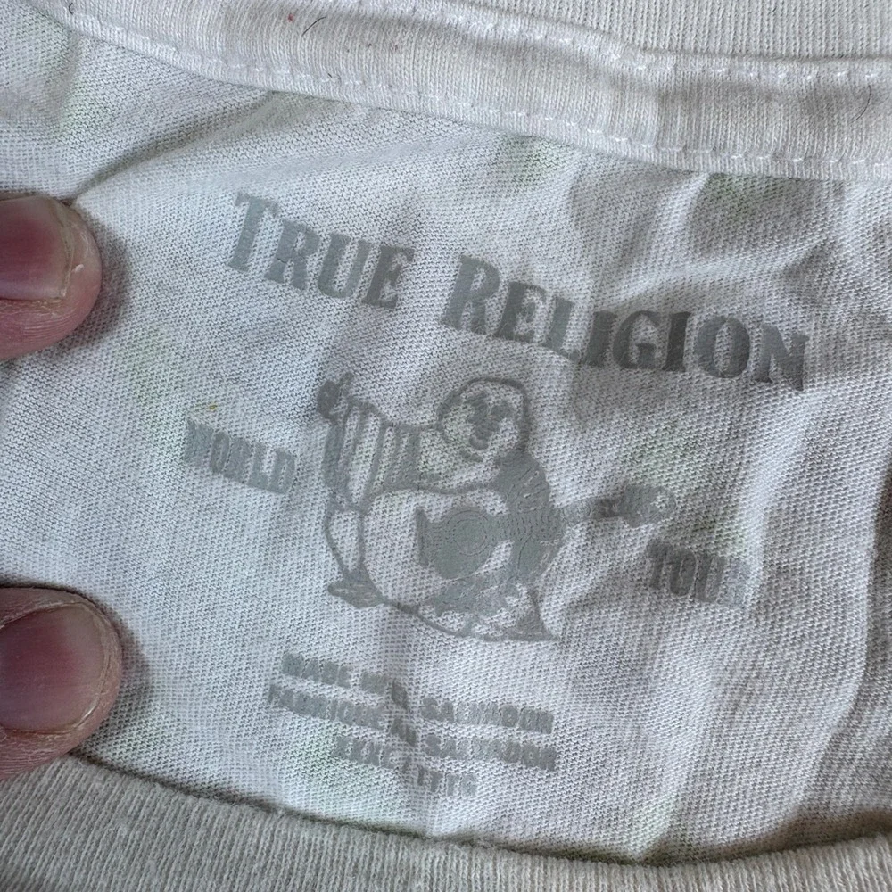 True Religion Shirt Men‎ XXXL All Over Logo Horseshoe Graphic White Silver Green